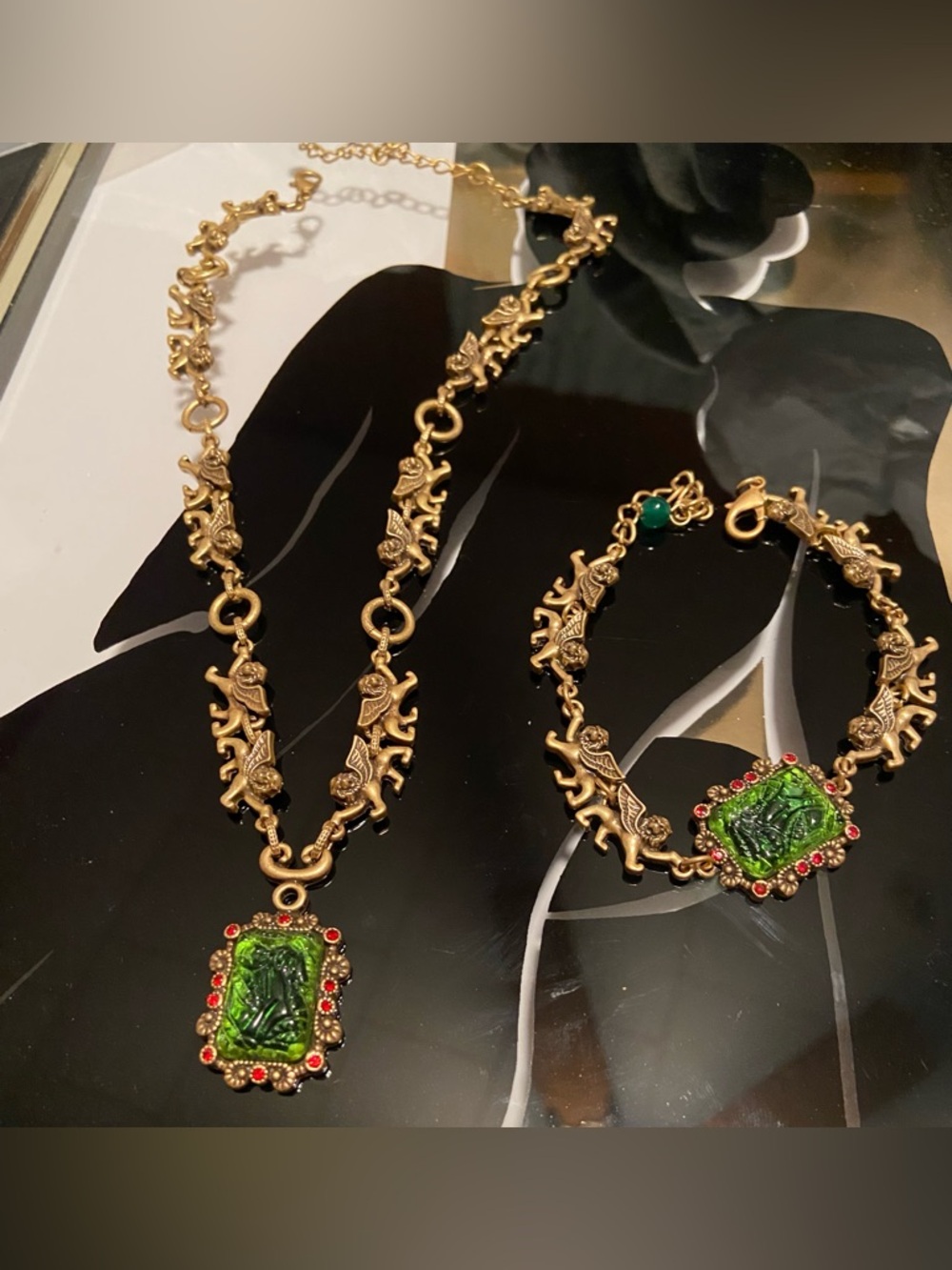 Antique Gold w| Green Glass Necklace and Bracelet Set.   #4